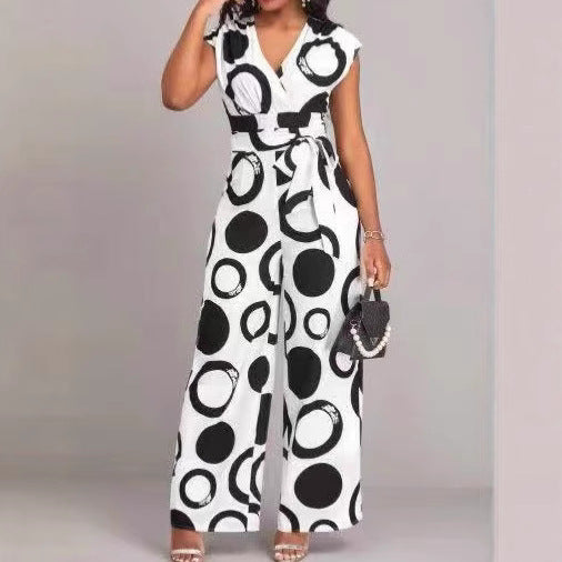 Damen Jumpsuit mit modernem Kreismuster und Taillengürtel Stalluxe