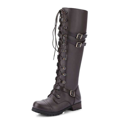 Damen Lange Schnürstiefel mit modischen Riemen Stalluxe