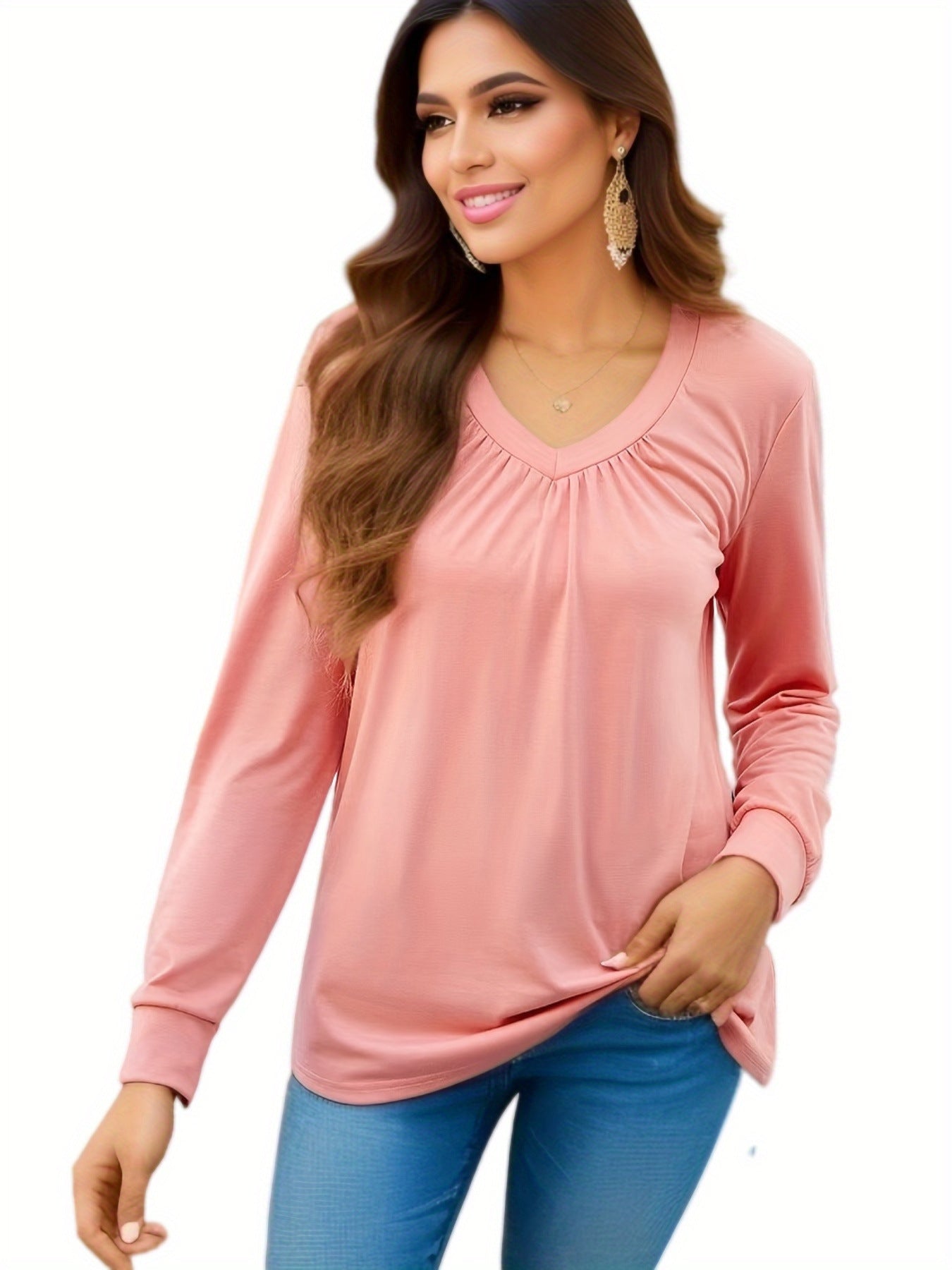 Damen V-Ausschnitt Langarmshirt mit geschmackvollem Faltenwurf und lässiger Passform Stalluxe