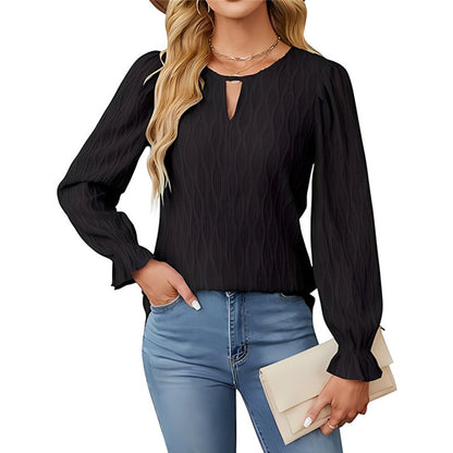 Damen elegantes Langarmshirt mit strukturiertem Stoff und Schlüsselloch-Ausschnitt Stalluxe