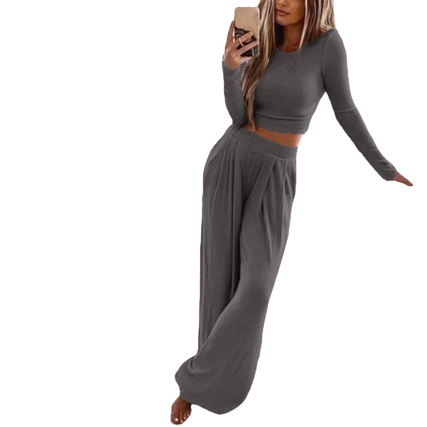 Damen Elegantes Lounge-Set mit langärmeligem Oberteil und weiten Hosen Stalluxe