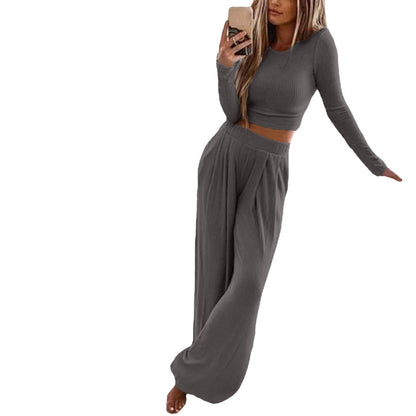 Damen Elegantes Lounge-Set mit langärmeligem Oberteil und weiten Hosen Stalluxe