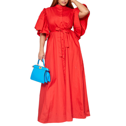 Damen Maxi-Kleid mit eleganten Puffärmeln und schmalem Taillengürtel Stalluxe