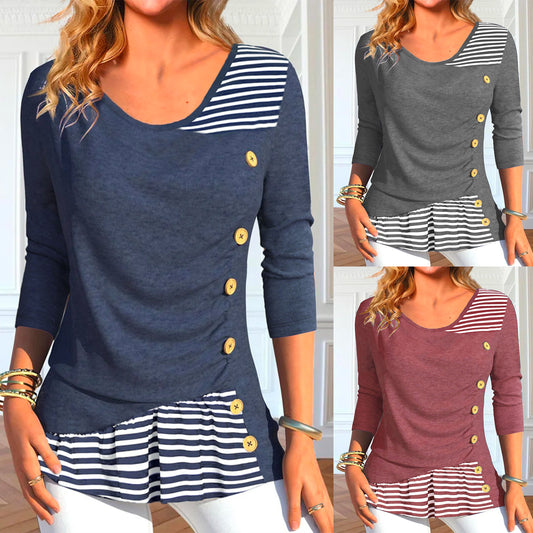 Damen Langarmshirt mit Knopfdetails und gestreiftem Saum Stalluxe