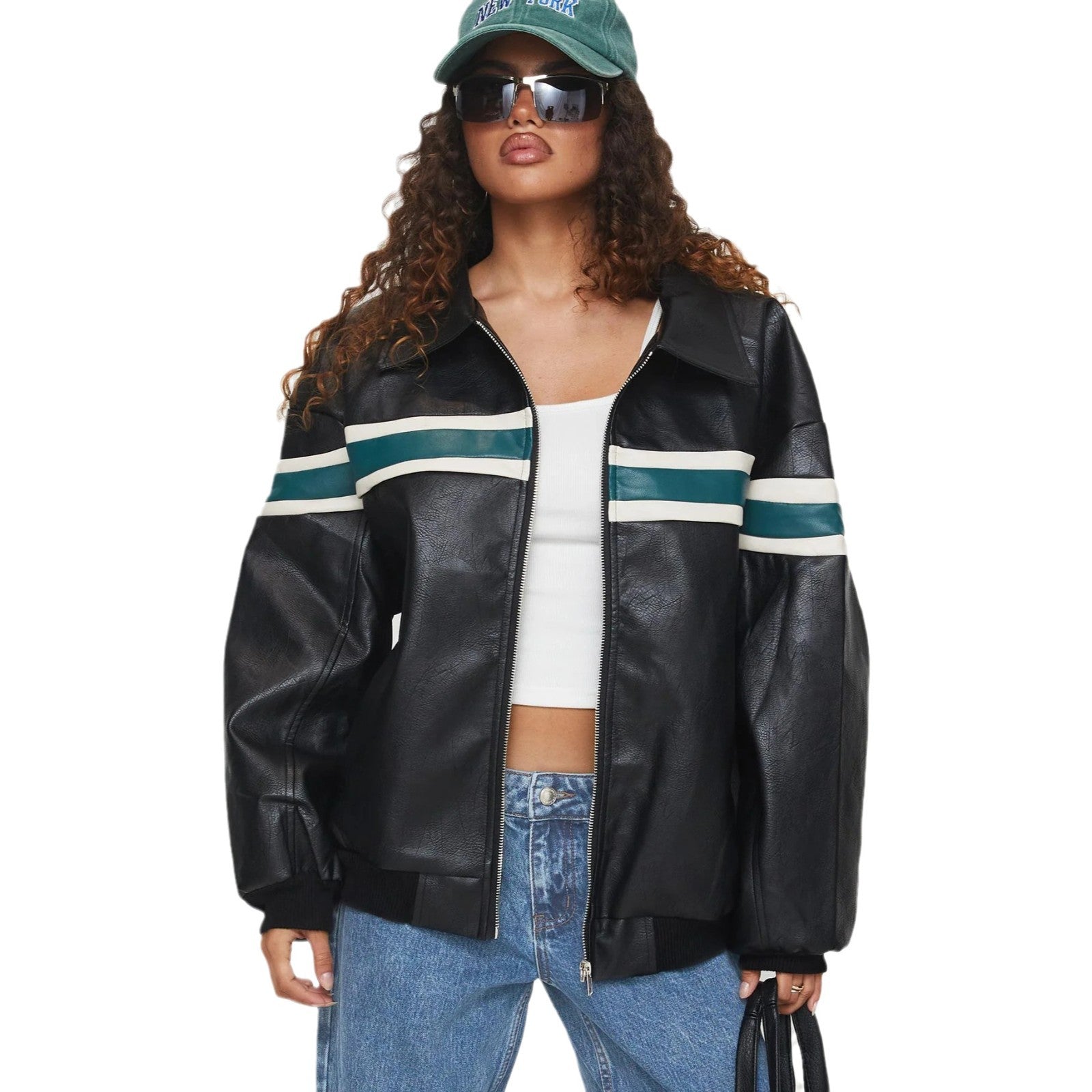 Damen modische Kunstlederjacke mit sportlichem Streifen-Design und lässigem Schnitt Stalluxe