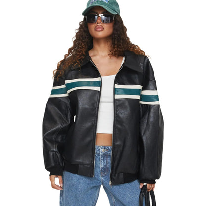 Damen modische Kunstlederjacke mit sportlichem Streifen-Design und lässigem Schnitt Stalluxe