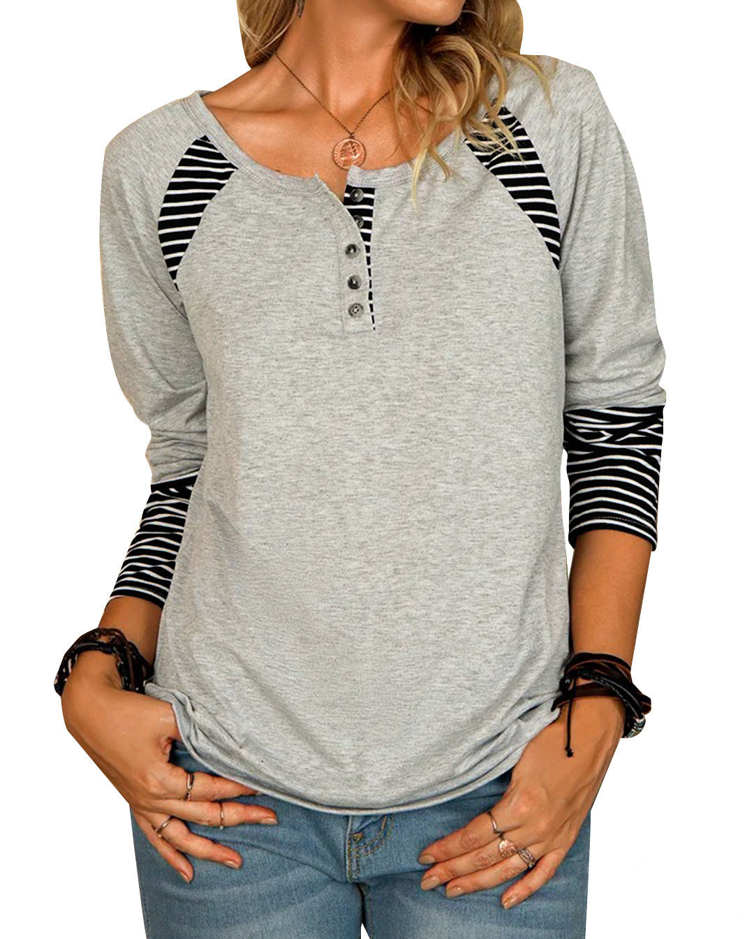 Damen lässiges Langarmshirt mit gestreiften Farbblockdetails und Knopfverschluss Stalluxe