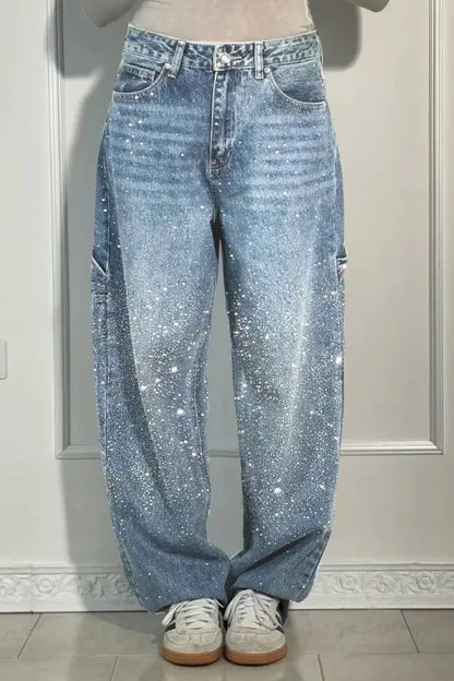 Damen modische Mom-Jeans mit schimmernden Details Stalluxe