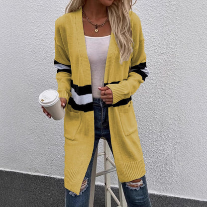 Damen Offene Strickjacke mit modernem Streifenmuster und praktischen Taschen Stalluxe