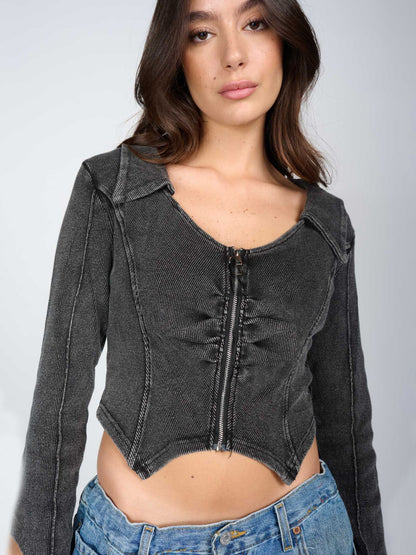 Damen tailliertes Jeansjacke mit Reißverschluss Stalluxe