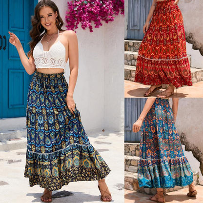 Damen Maxirock im bunten Paisley-Design mit Volant und elastischem Bund Stalluxe