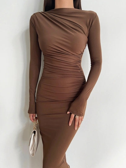 Damen Elegantes und figurbetontes Langarmkleid mit Raffungen Stalluxe