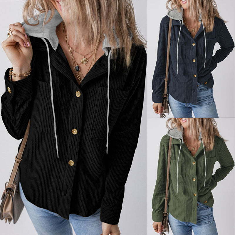 Damen Cargo-Hemdjacke mit Kapuze und modischem Rippstrickdesign Stalluxe