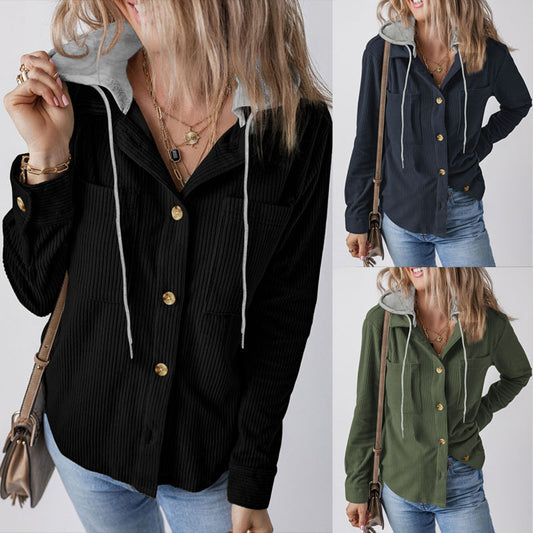 Damen Cargo-Hemdjacke mit Kapuze und modischem Rippstrickdesign Stalluxe