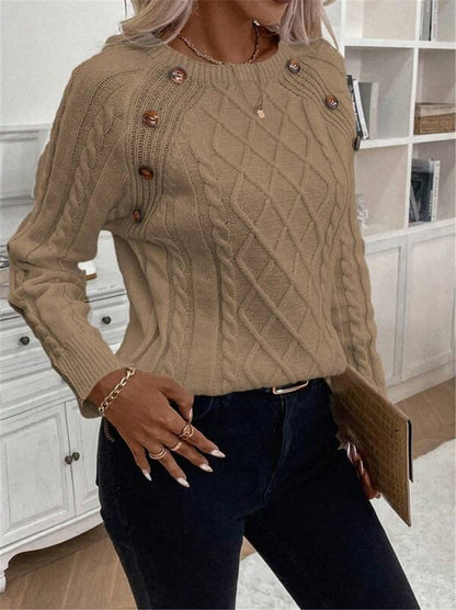 Damen Strickpullover mit strukturiertem Rautenmuster und dekorativen Knöpfen Stalluxe