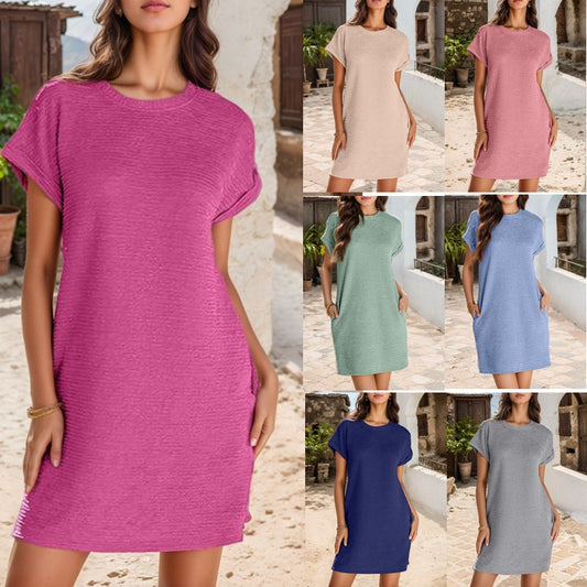 Damen lässiges T-Shirt-Kleid mit umschlagenen Ärmeln und strukturiertem Stoff Stalluxe