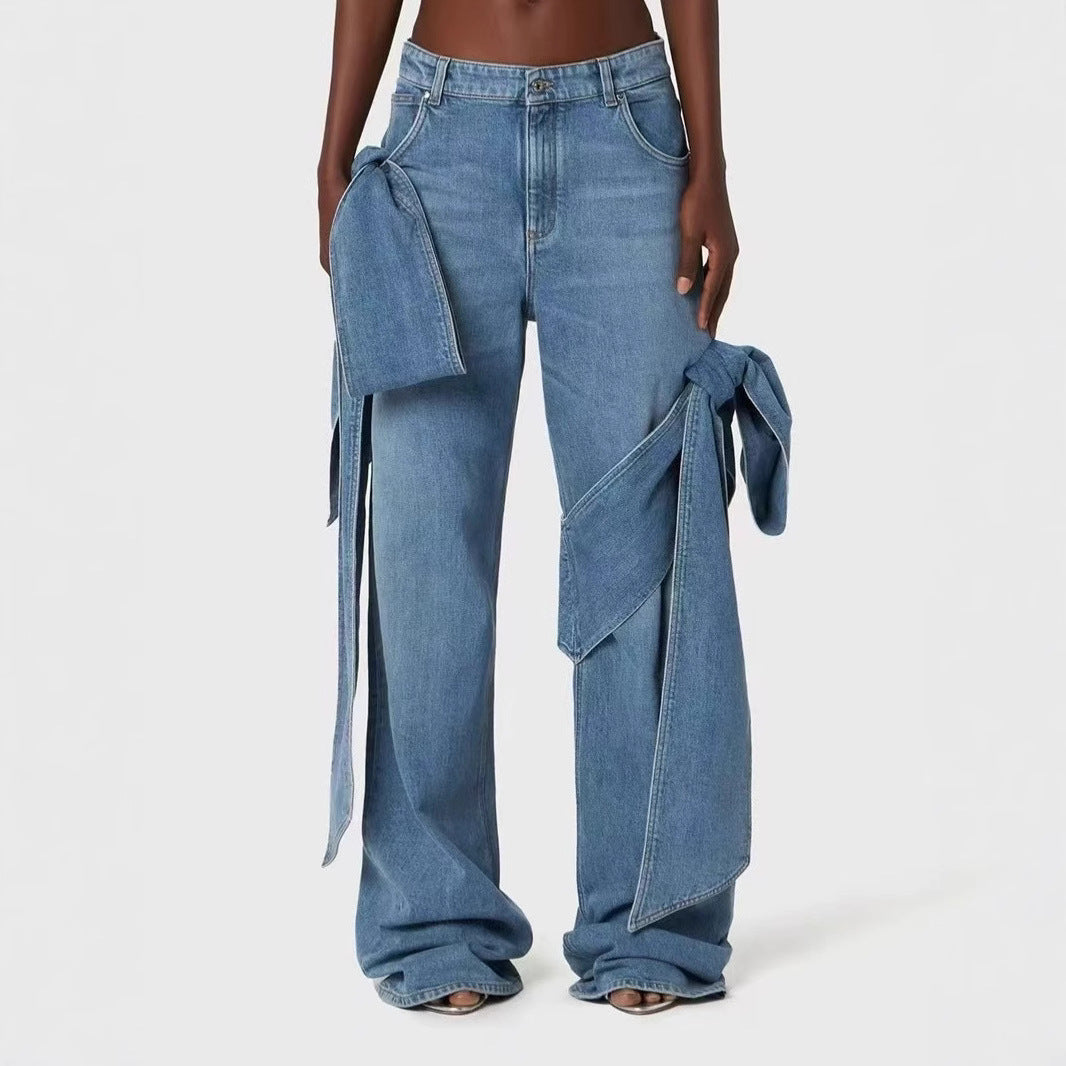 Damen Weite Denim-Hose mit stylischem Bindegürtel Stalluxe