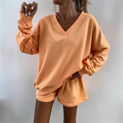 Damen lässiges V-Ausschnitt Sweatshirt und kurze Sporthosen Set Stalluxe