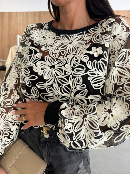 Damen Spitzenshirt mit floralen Stickereien und elastischen Bündchen Stalluxe
