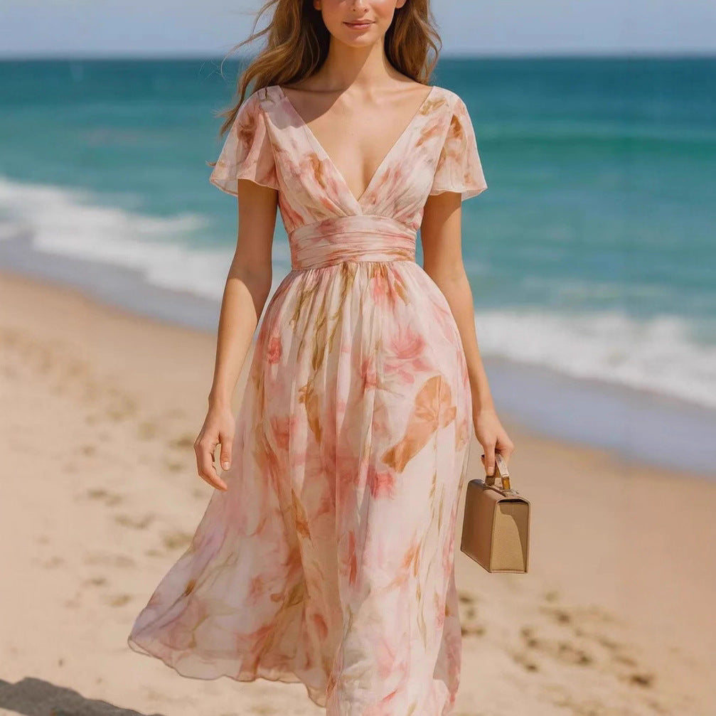 Damen Maxikleid mit elegantem V-Ausschnitt und fließendem Chiffon Stalluxe