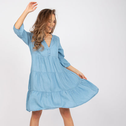 Damen Freizeitleinenkleid mit V-Ausschnitt und voluminösem Rock Stalluxe