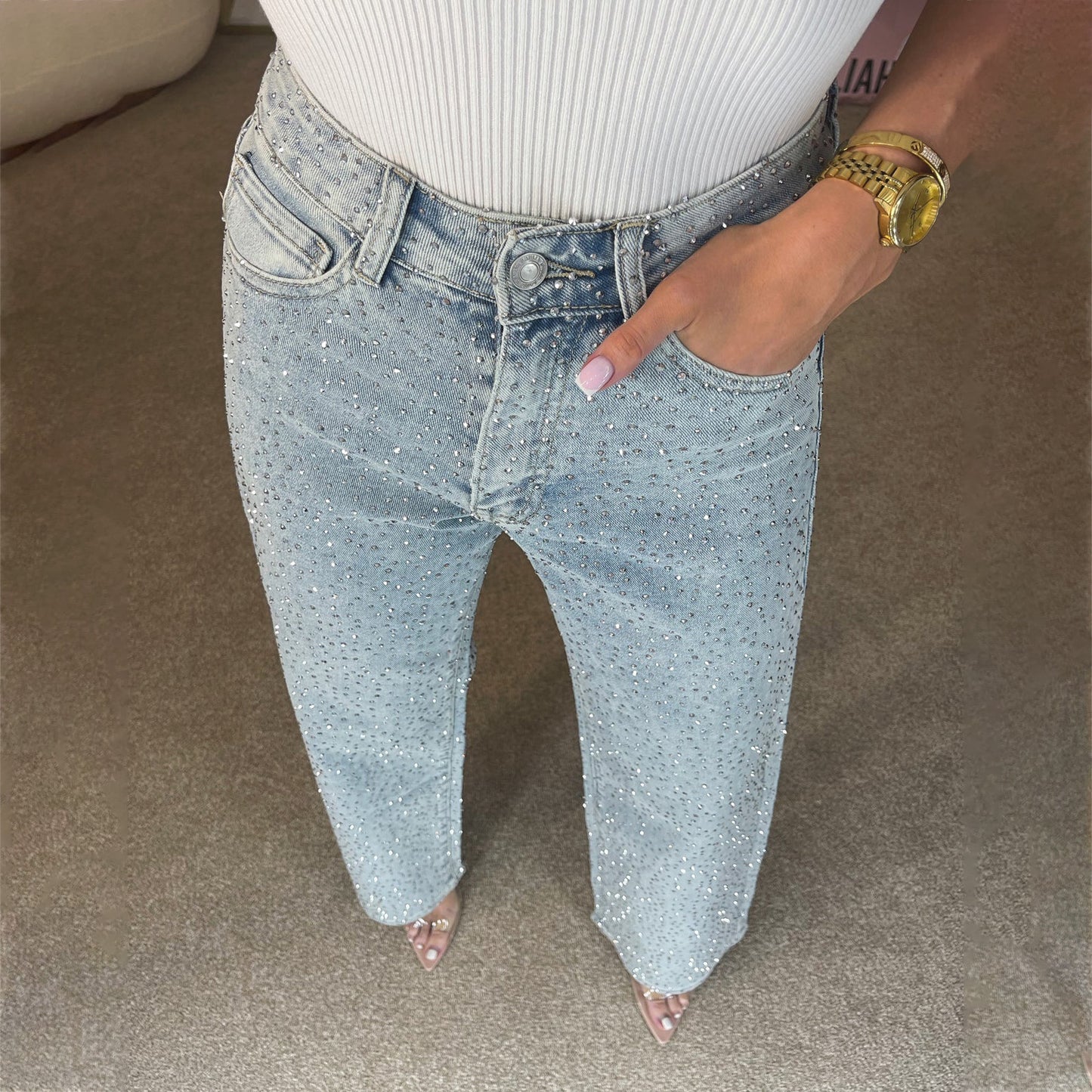 Damen Jeans mit glitzernden Applikationen und lässigem Schnitt Stalluxe