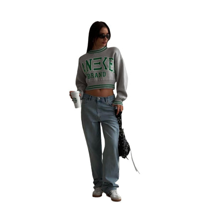 Damen trendiger, lässiger Crop-Pullover mit grafischem Schriftzug und sportlichen Akzenten Stalluxe