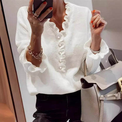 Damen Bluse mit Rüschensaum und dekorativen Knöpfen Stalluxe