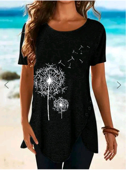 Damen Kurzarmshirt mit asymmetrischem Saum und Dandelion-Print Stalluxe