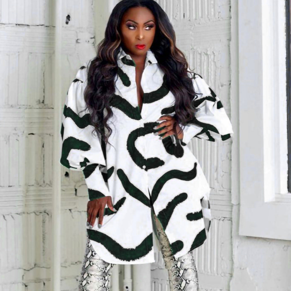 Damen Modisches Hemdblusenkleid mit auffälligem Muster und voluminösen Ärmeln Stalluxe