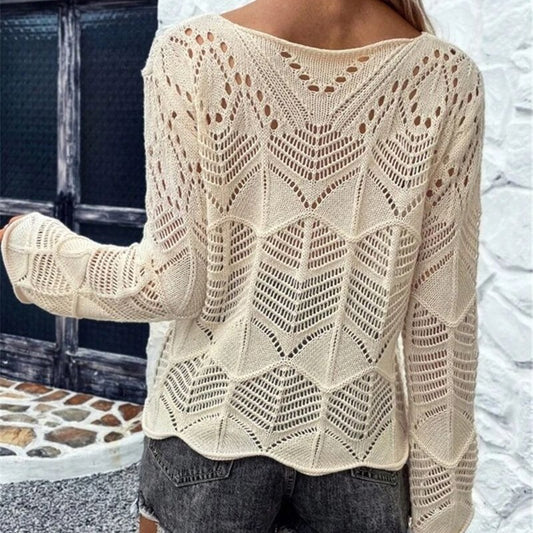 Damen Strickpullover mit filigranem Lochmuster und weitem Ärmel Stalluxe