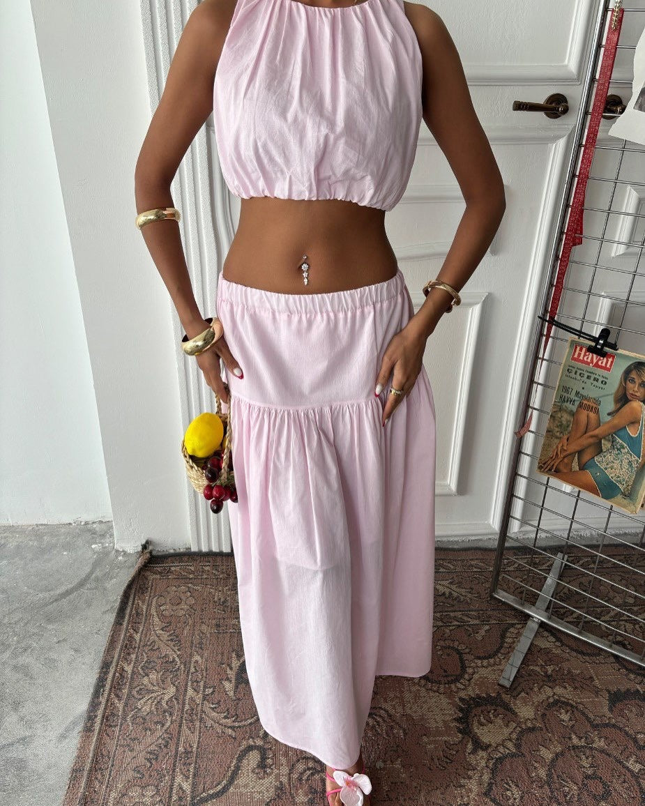 Damen Cropped Top und Maxi-Rock Set mit elastischem Bündchen und Volant Stalluxe