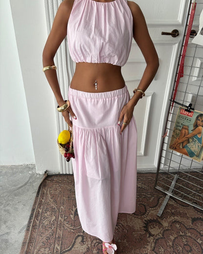 Damen Cropped Top und Maxi-Rock Set mit elastischem Bündchen und Volant Stalluxe
