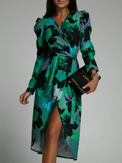 Damen Wickelkleid mit floralen Mustern und eleganten Puffärmeln Stalluxe