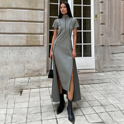 Damen Maxi-Kleid mit hohem Schlitz und stehendem Kragen Stalluxe
