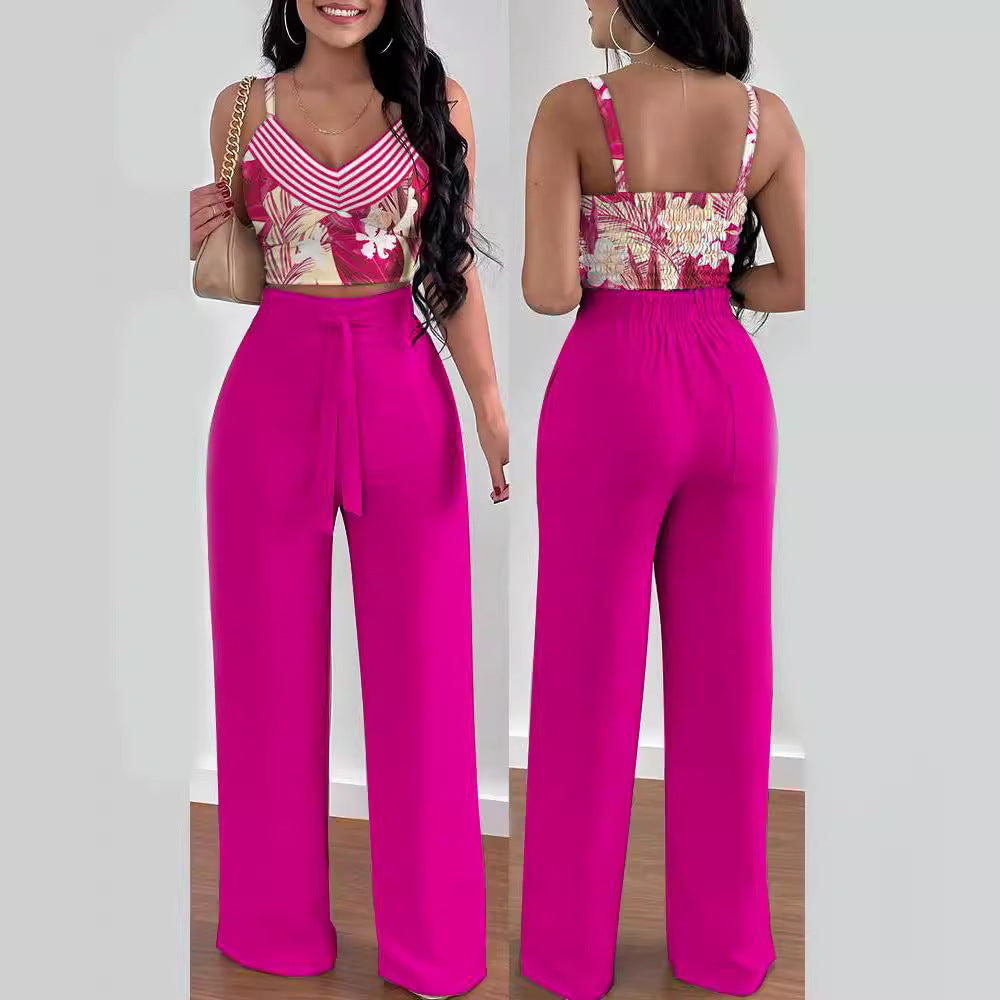 Damen lässiges Set bestehend aus floralem Oberteil mit Rüschen und weitem Hosen Stalluxe