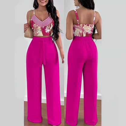 Damen lässiges Set bestehend aus floralem Oberteil mit Rüschen und weitem Hosen Stalluxe
