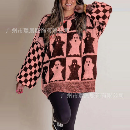 Damen lässiger Oversized Pullover mit grafischem Gespenster-Muster Stalluxe