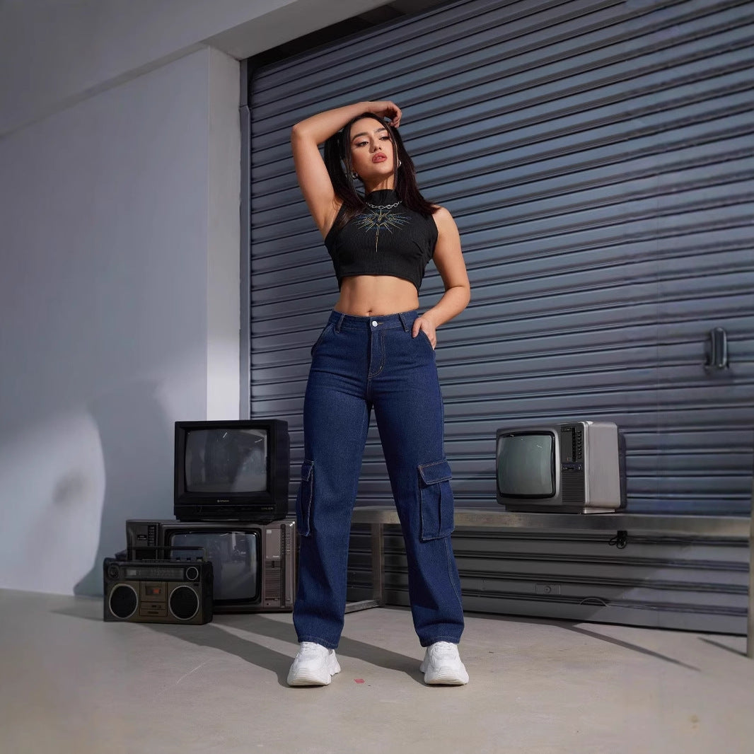 Damen Cargo-Jeans mit hoch tailliertem Schnitt und praktischen Taschen Stalluxe