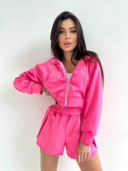 Damen sportliches Kurzarm-Trainingsset mit Kapuzenjacke und elastischen Shorts Stalluxe