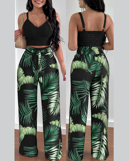 Damen lässiges Set bestehend aus floralem Oberteil mit Rüschen und weitem Hosen Stalluxe