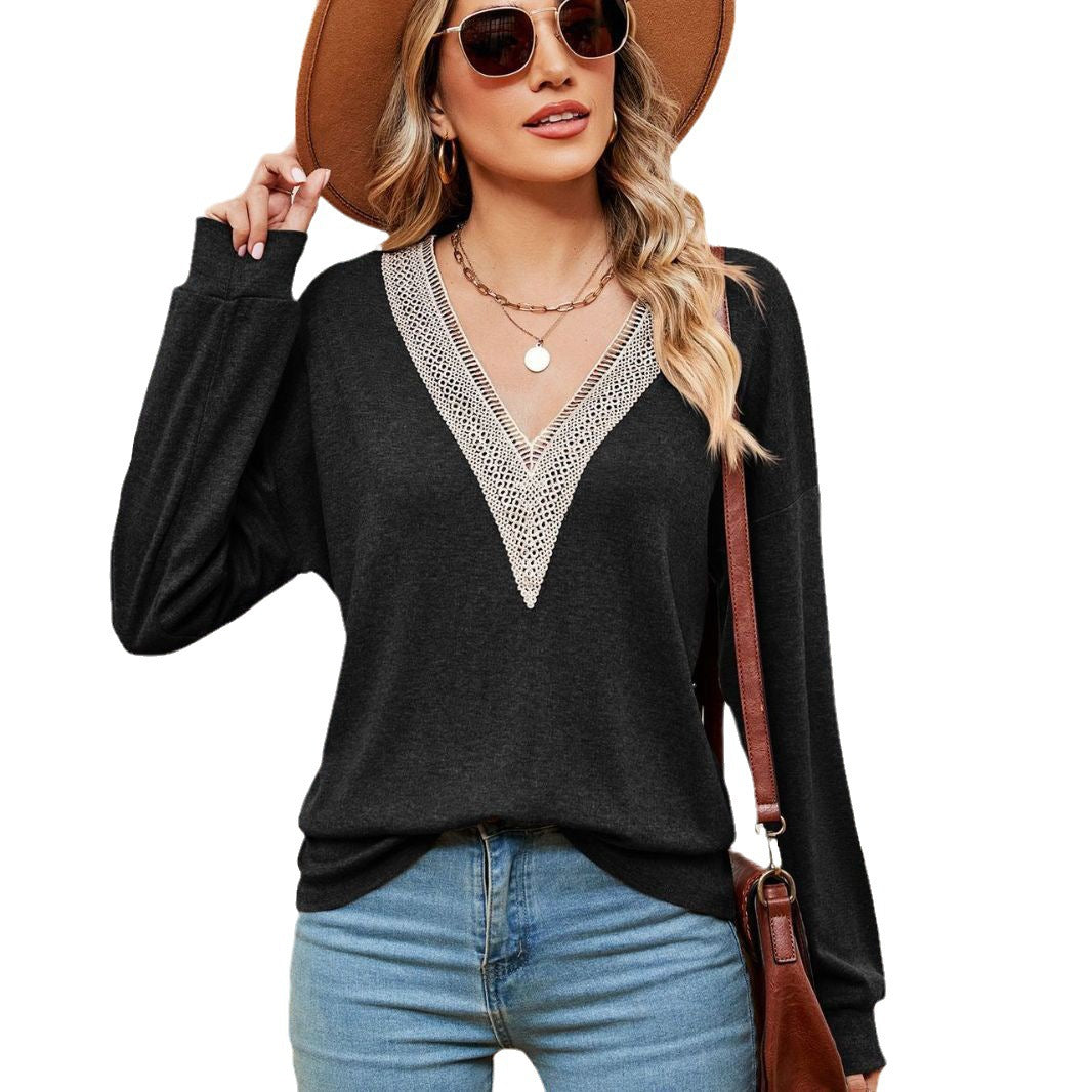 Damen V-Ausschnitt Pullover mit Spitzenakzenten und lässigem Schnitt Stalluxe