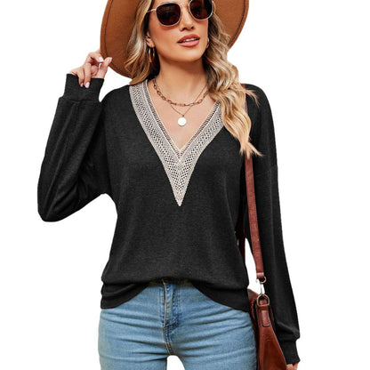 Damen V-Ausschnitt Pullover mit Spitzenakzenten und lässigem Schnitt Stalluxe