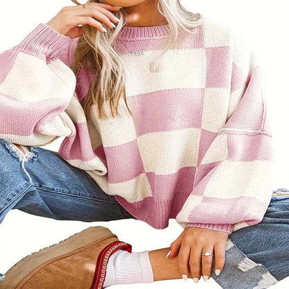 Damen lässiger pullover mit Karo-Muster und weiten Ärmeln Stalluxe