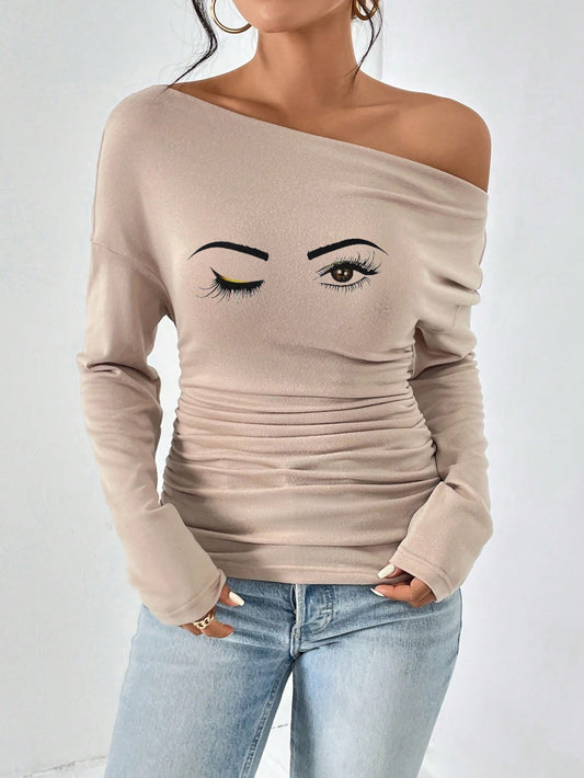 Damen figurbetontes Langarmtop mit asymmetrischem Ausschnitt und Raffungen Stalluxe