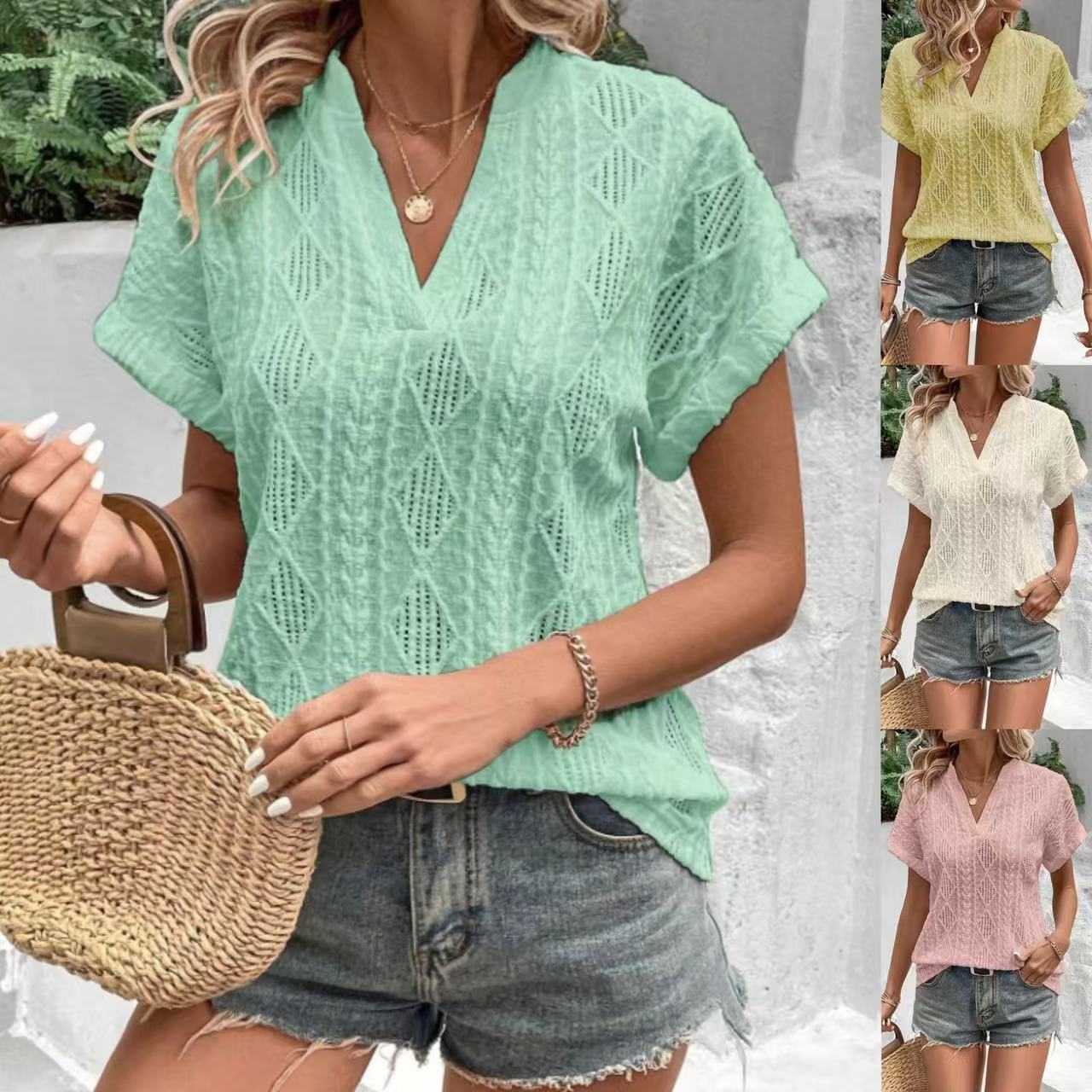 Damen modisches Kurzarm-Oberteil mit strukturiertem Design und V-Ausschnitt Stalluxe