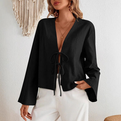 Damen lässige Blumenshirt mit tiefer V-Ausschnitt und Kordelzug Stalluxe