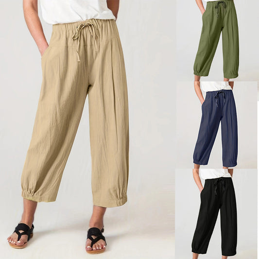 Damen weite Leinenhose mit elastischem Bund und praktischen Taschen Stalluxe