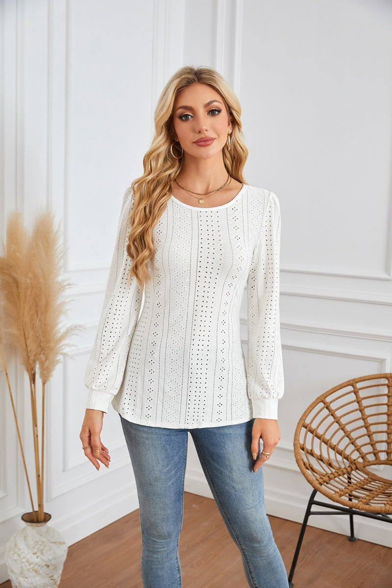 Damen Bluse mit luftigen Lochmustern und eleganten Puffärmeln Stalluxe