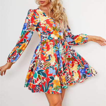 Damen Blütenreiches Sommerkleid mit weitem Rock und eleganten Puffärmeln Stalluxe
